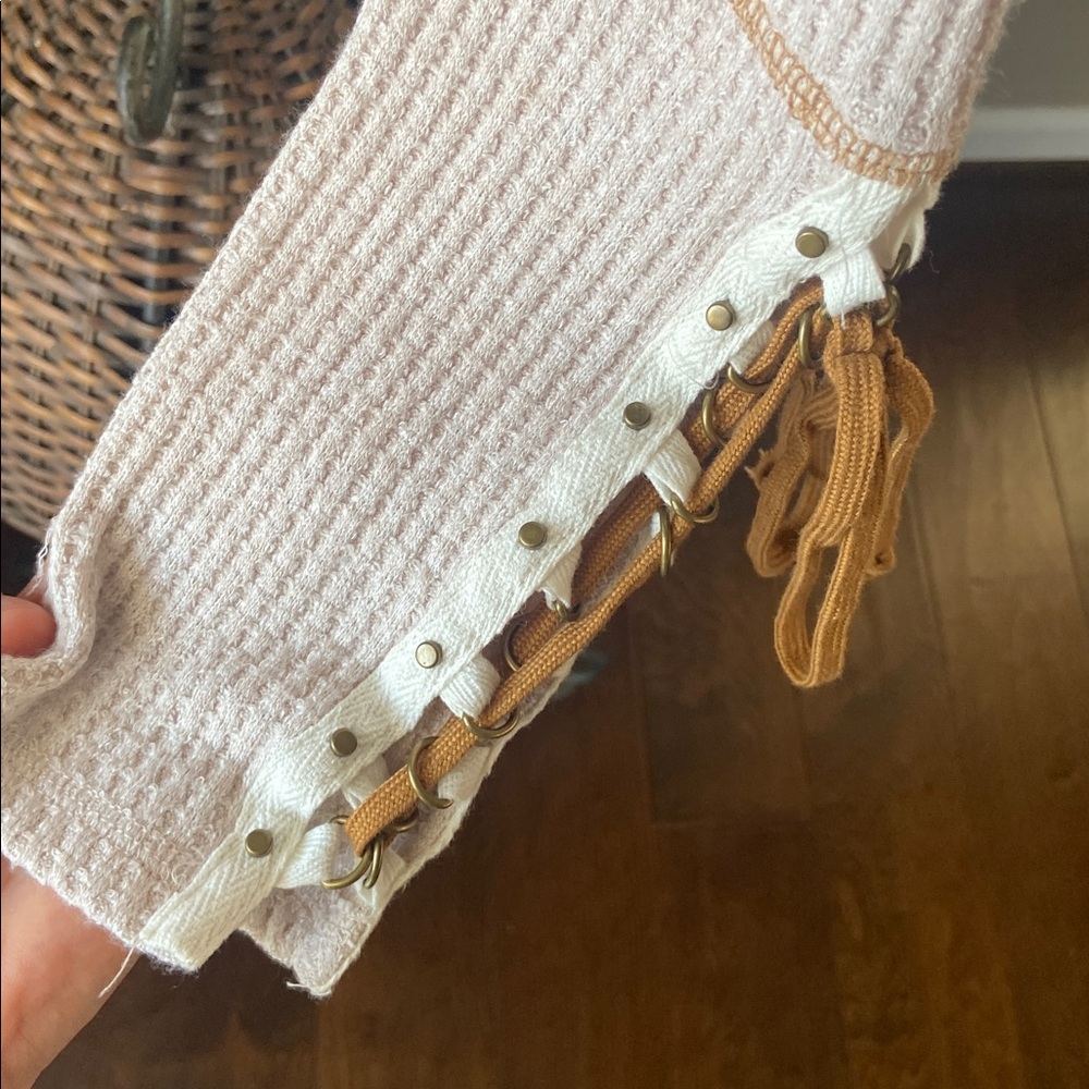 Free People Ivory Mountaineer Lace Up Long Sleeve Thermal Tee - Size Small - Picture 2 of 9